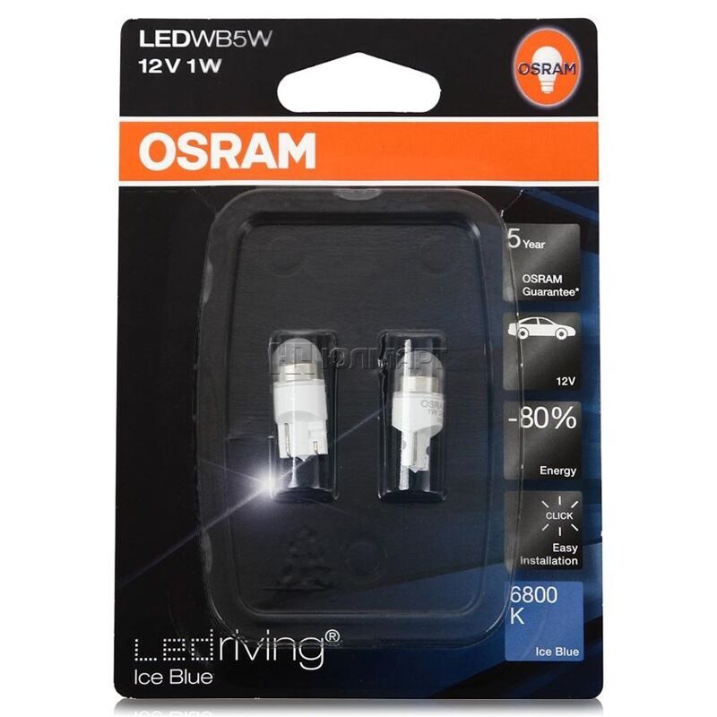 Лампа 12 В,  5 Вт (W2.1*9.5d) "Osram" LED Riving Ice Blue 6800K к-т 2шт [2850BL]